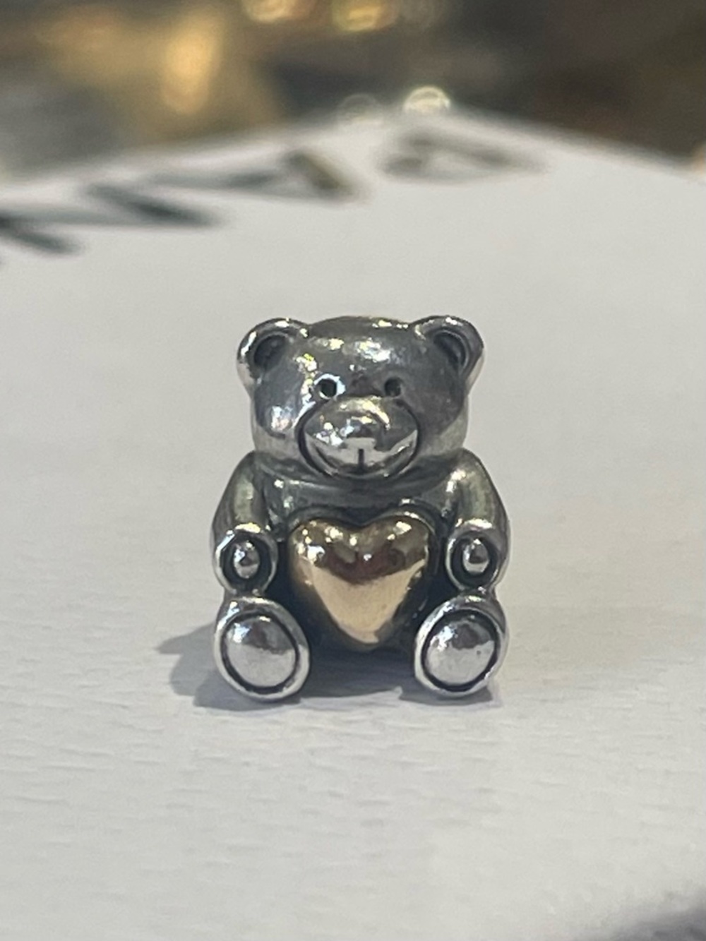 Retired Pandora Silver & 14k Gold Teddy Bear Charm with Gold Heart
